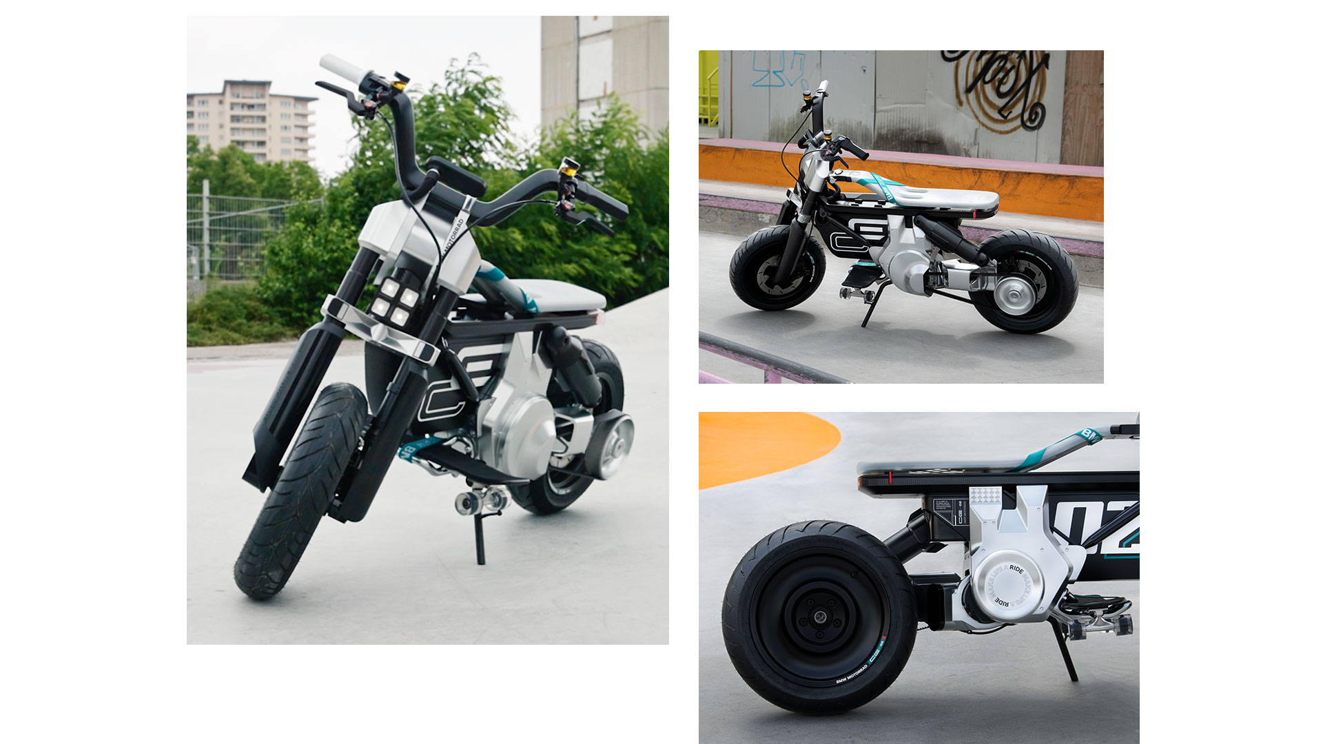Коллаж из трех изображений Concept CE 02 в скейтпарке. Слева в фокусе — пропорции модели, справа вверху — модель в профиль, справа внизу — заднее колесо и сиденье.