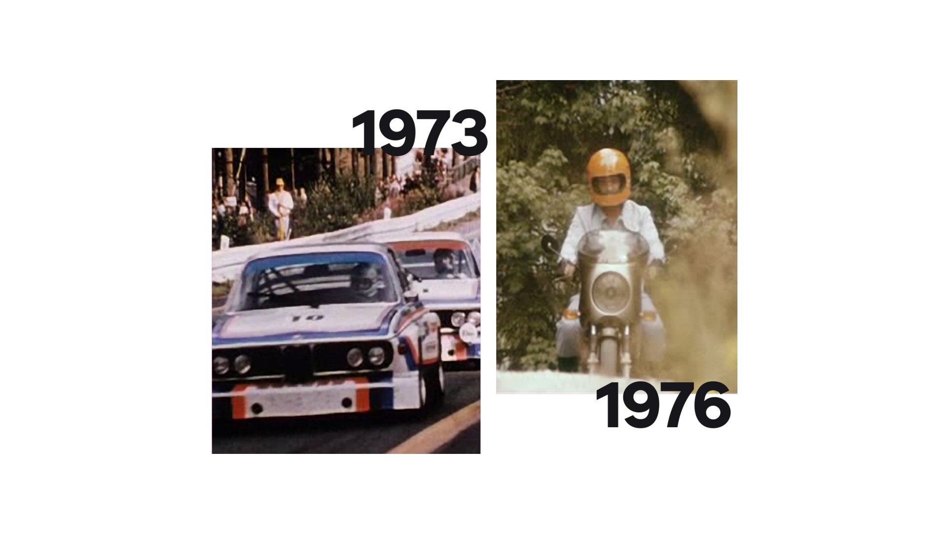 Слева на историческом снимке BMW 3.0 CSL, справа — BMW R 90 S Хельмута Дене.